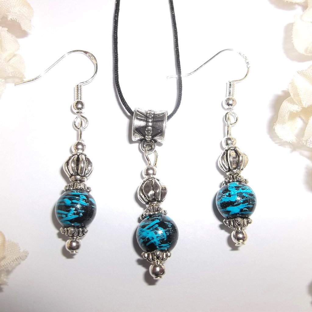 Funky Necklace Set Jewelry Earring Blue Black Matching Colorful Gift Idea 6677 40$